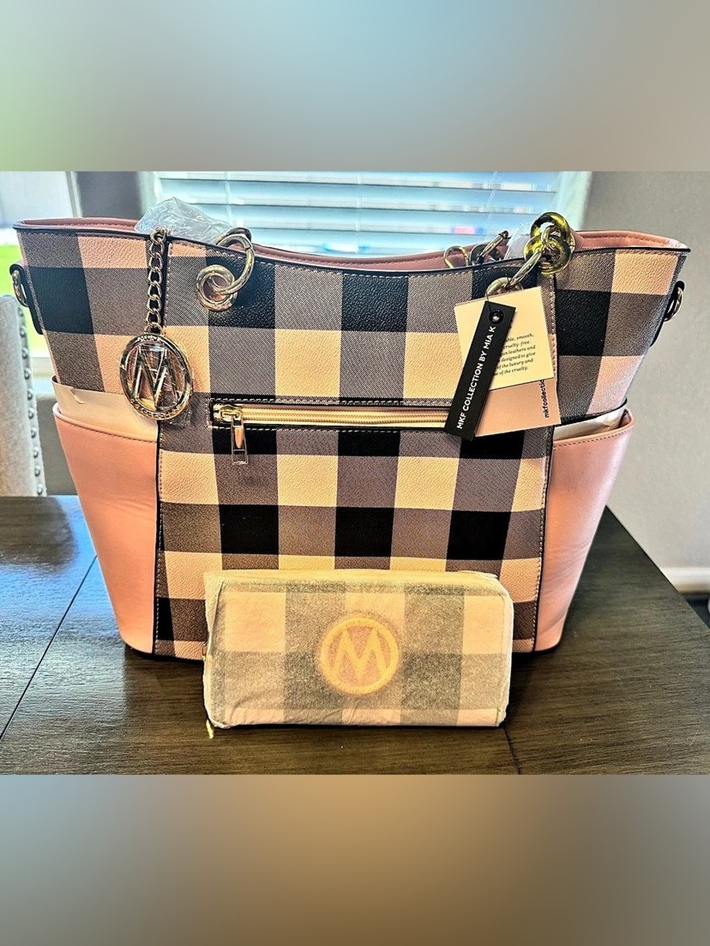 MKF Collection Checkered Tote Bag Pink & Black